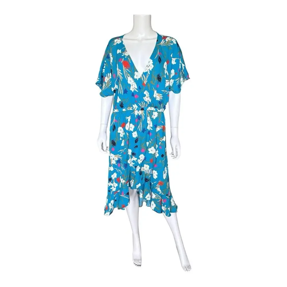 J Crew Mercantile Faux Wrap Midi Dress Womens Large Blue Floral Flutter Sleeve